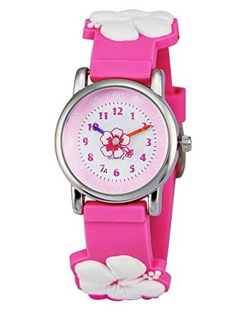 Zeiger Time Teacher Young Little Girls Children Wrist Kids Watches, Cartoon Character 3D Floral Pink band