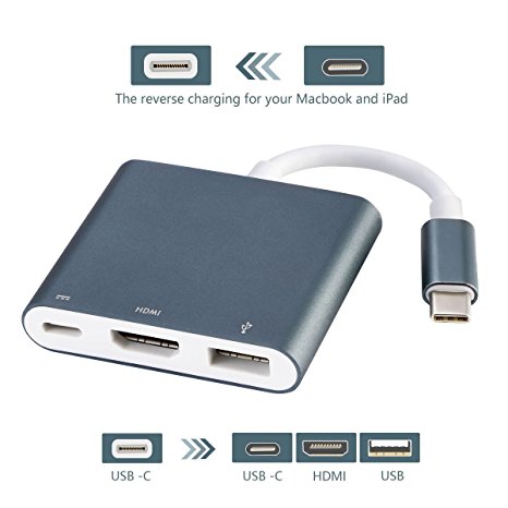 USB-C To HDMI Adapter, ProCIV Type-C 3 in 1 USB 3.1 USB-C to USB 3.0/4 K x 2 K HDMI / Type C Female Charger Adapter for 2015 MacBook 12 in, Google Chromebook Pixel and other Type C devices (Grey)