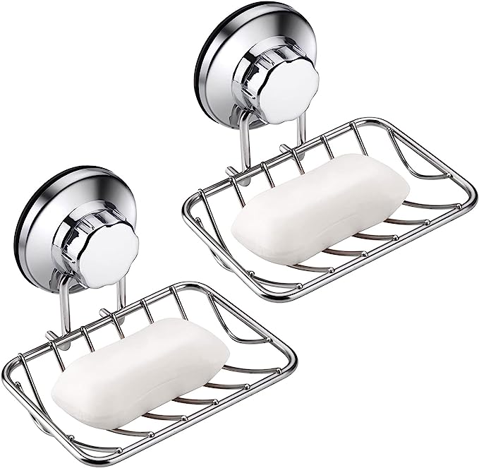 ARCCI Bar Soap Holder for Shower Wall, Stainless Steel Strong Vacuum Suction Cup Shower Soap Dish, Rustproof Wall Mouted Square Soap Sponge Holder Tray for Bathroom & Kitchen Sink, 2 Pack, Chrome