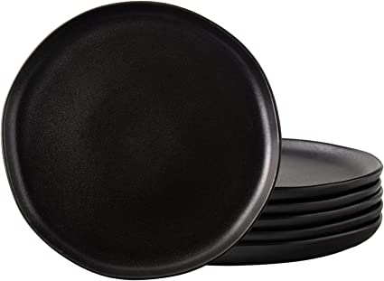 AmorArc Ceramic Dinner Salad Plates Set of 6, Wavy Rim 8.5 Inch Dish Set, The Dessert,Salad, Appetizer, Small Dinner etc Plate,Microwave, Dishwasher Safe, Scratch Resistant, Reactive Matte Black