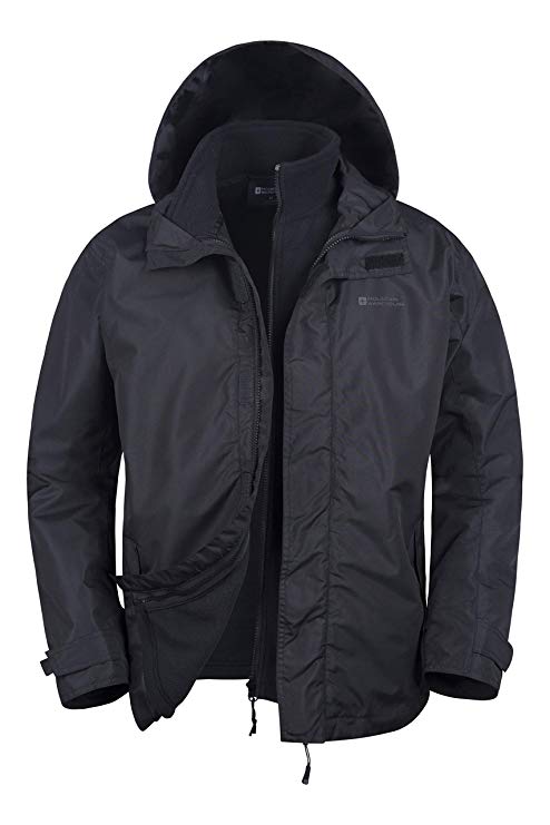 Mountain Warehouse Fell Mens 3 in 1 Water Resistant Jacket - Adjustable Hooded Rain Coat, Detachable Inner Fleece Jacket, Pockets - Warm Winter Clothing for Walking, Travelling