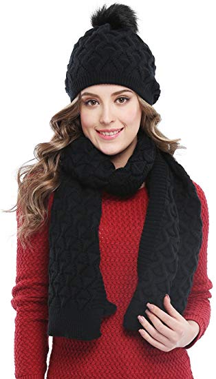 Bellady Women's Knitted Double Layers Beanie Cap with Pom Pom, Scarf Two Peice Set