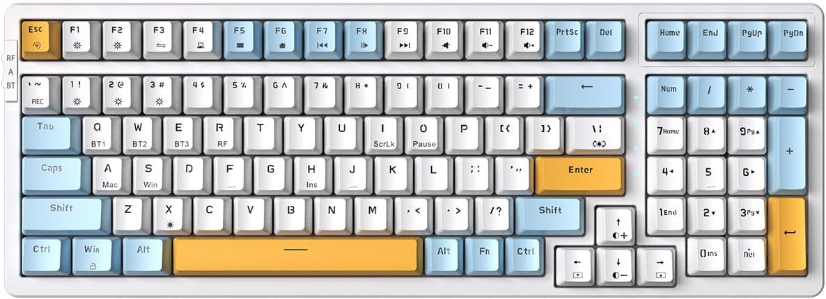 Merdia Wireless Mechanical Keyboard, Triple Mode 2.4G/USB-C/BT Gaming Keyboard 100 Keys RGB Backlit, Brown Switch Keyboard | Rechargeable Keyboard | Mechanical Gaming Keyboard | Ice Blue/White/Yellow