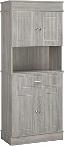 HOMCOM 72" Kitchen Buffet with Hutch, Freestanding Pantry Cabinet with Utility Drawer, 2 Door Cabinets, Adjustable Shelves and Countertop, Gray Wood Grain