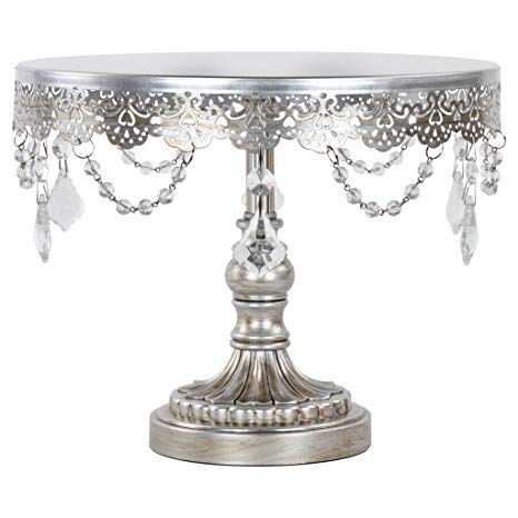 "Sophia Collection" Antique Metal Cake Dessert Stand with Crystal Beads and Dangles, 10" Diameter Plate (Silver)