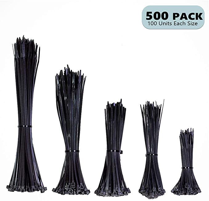 Hashtnagar Cable Ties Black - 500 Pcs Plastic, Nylon PA66 Zip Ties for Home Office Garden Garage Workshop, Multi-Pack Tie Wraps (100mm x 2.5, 150mm x 2.5, 150mm x 3.6, 200mm x 3.6, 250mm x 3.6)