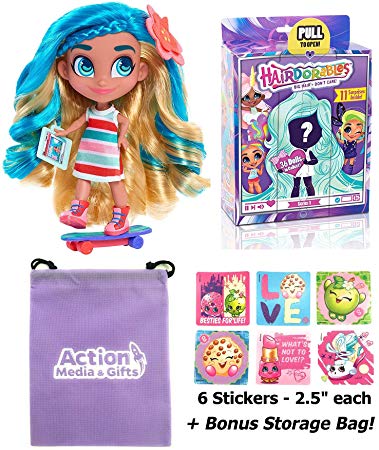 Hairdorables Dolls Gift Bundle - (1) Collectible Series 1 Surprise Doll (Styles May Vary)   (6) Shopkins Stickers   BONUS Action Media Storage Bag!
