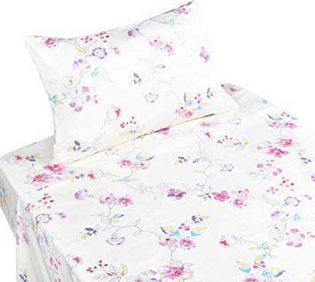 J-pinno Morning Glory Flower Twin Sheet Set for Kids Girls Children,100% Cotton, Flat Sheet + Fitted Sheet + Pillowcase Bedding Set