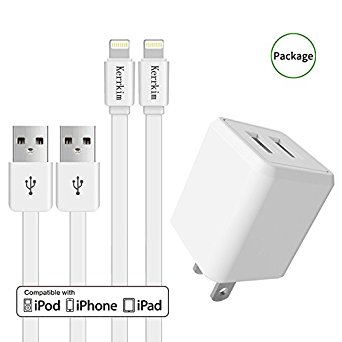 Chargers, KerrKim Usb Wall Charging Adapter Travel Wall Chargers with 2-Pack 5-Feet Lightning Cables Charge Sync for iPhone X, iPhone 8, iPhone 7, iPhone 6, iPhone 5, iPad Mini & More