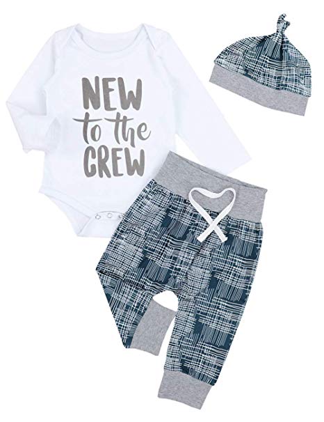 Newborn Baby Boy Clothes Crew Letter Print Romper Long Pants Hat 3PCS Outfits Set，Soft Breathable Fabric