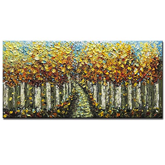 Asdam Art-Yellow Birch Tree Oil Painting on Canvas Landscape Horizontal Wall Art Modern Abstract Paintings for Living Room Bedroom Dinning Room Office 24x48 inch