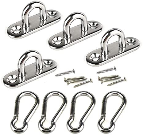 4Pcs M5 304 Stainless Steel Oblong Pad Eye and 4Pcs Stainless Steel Snap Hook for Boat Application Hook Ceiling Hook Loop Wall Mount Hanging Hardware Fitting