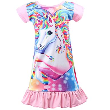 Nidoul Kid Girls Nightgown Night Dress Unicorn Rainbow Princess Pajamas Sleepwear Nightie