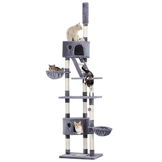 Yaheetech Cat Tree Floor to Ceiling 228-254cm Cat Tower Activity Centre with Scratching Post Condos Hammocks (Grey)