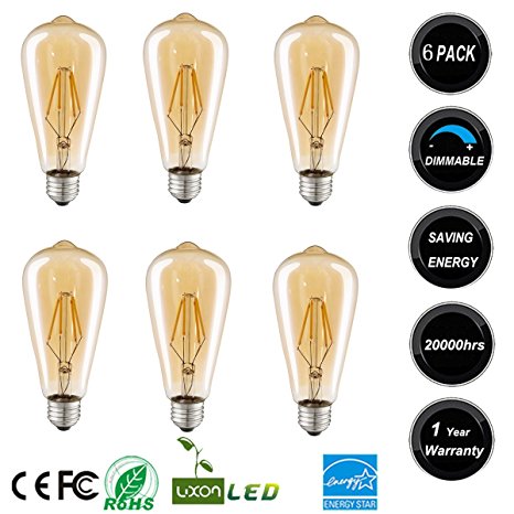 LED Vintage Edison Filament Light Bulb Dimmable 4W ST64 Antique Decorative Filament Bulb Medium Base (E26) 6000K(Daylight White) Pack of 6