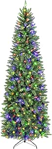 Hykolity 9 ft Prelit Pencil Slim Christmas Tree with 350 Color Changing LED Lights, 1308 Branch Tips, Metal Stand and Hinged Branches, 10 Color Modes