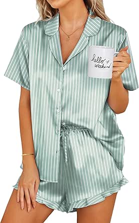 Ekouaer Womens Satin Pajamas Set Button Down 2 Piece Silk Pjs Shorts Set Ruffle Lingerie Notch Collar Sleepwear S-XXL