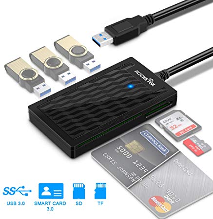 Smart Card Reader, Rocketek USB 3.0 SD Card Reader for SD/Micro SD/DOD Military USB Common Access CAC Card Reader, 6 in 1 USB 3.0 Hub Adapter with Memory Card Reader & 3 USB 3.0 Ports for Wins, Mac OS