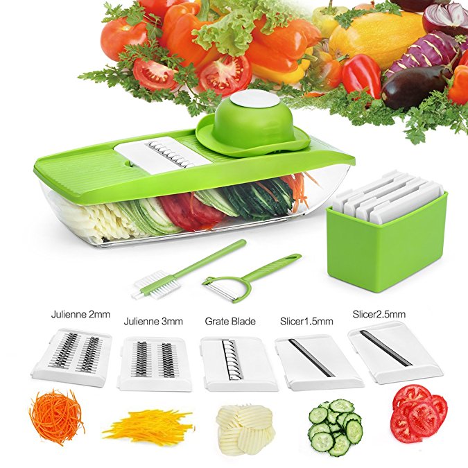 Mandoline Slicer,Vegetable Grater with 5 Interchangeable Stainless Steel Blades - Julienne Cutter ( Food Peeler Slicer  Potato Peeler  Cleaning Tool Container Fruit safety Holder )