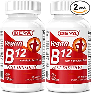 Deva Vegan Vitamins B-12 1000mcg with Folic Acid & B-6, Supports Nervous System, Healthy Brain Function & Energy Production, Fast Dissolve, 90 Tablets (Pack of 2)
