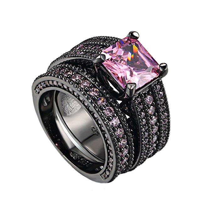 D.B.MOOD 2pcs Charming Pink Stone with Black Gold Filled Wedding Engagement Ring