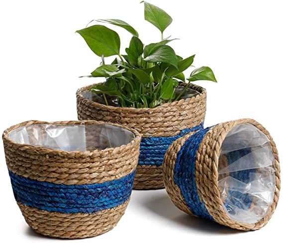 POTEY 740104 Seagrass Plant Basket Set of 3 - Hand Woven Basket Indoor Outdoor Storage Flower Pot Cover with Interior Plastic Coatin Home Decor & Natural Plant Containers (Blue)