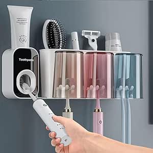 Toothbrush Holder Wall Mounted,Toothbrush Holder with Toothpaste Dispenser for Bathroom,Large Capacity Toothbrush Holder Wall Mounted, Toothbrush Holder with 3 Square Cups for Family or Dormitory (3)