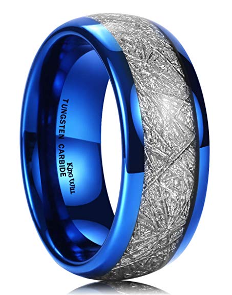 King Will Meteor Mens 8mm Blue Tungsten Carbide Sliver/Gold Meteorite Inlay Domed High Polished Ring