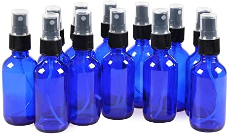 12 Pack 2 oz Blue Glass Spray Bottle Bottles with Black Fine Mist Sprayer.Refillable & Reusable.Designed for Essential Oils,Perfumes,Cleaning Products,Aromatherapy.12 Chalk Labels as Gift.