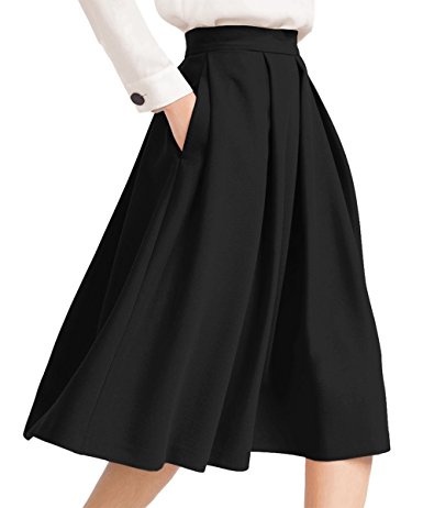 Yige Women's High Waist Flared Skirt Pleated Midi Skirt with Pocket