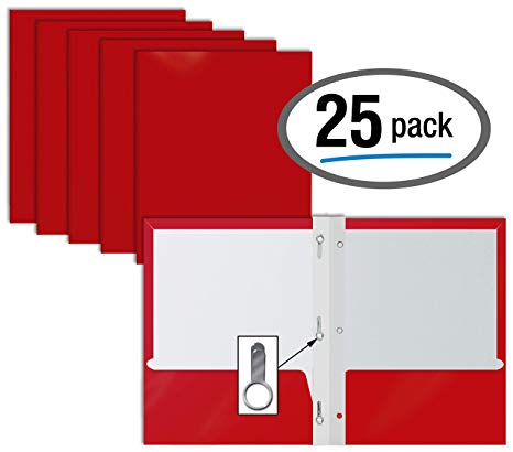 2 Pocket Glossy RED Paper Folders with Prongs, 25 Pack, by Better Office Products, Letter Size, High Gloss Red Paper Portfolios with 3 Metal Prong Fasteners, Box of 25 Glossy Red Folders