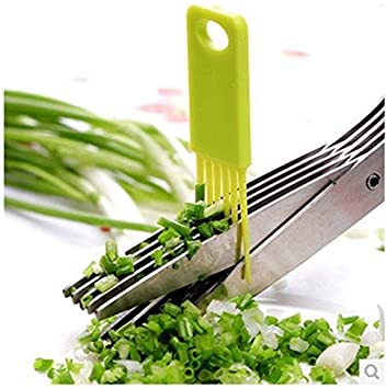 Weltime Branded Multi-Functional Stainless Steel Kitchen Knives 5 Layers Scissors for Kitchen use Cut Herb Spices Cooking Tools Vegetable Cutter with Cleaning Brush (Multicolor)