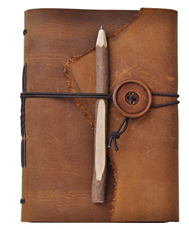 A Lazy Dog Leather Journal Notebook Antique Handmade Leather Daily Notepad with Wood Button Light Brown