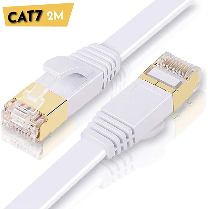 ULTRICS Network Cable 2M, High Speed 10Gbps Internet Lead, RJ45 Cat7 Flat Ethernet Cable Gold Plated Plug STP Wires, LAN Patch Cord Compatible with PS4, Xbox, Router, Modem, Switch, PC - White