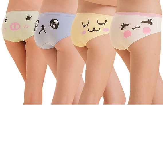 Eve's wish Juniors Cotton Emoji 4 Pack Hipster Panties X-Small Biege/Mint/Pale Blue/Yellow