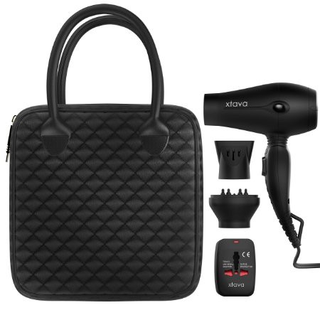 xtava ALLURE Jet Set TRAVEL Hair Dryer - Compact DUAL-VOLTAGE Blow Dryer with Universal WALL ADAPTER, Nozzle and Diffuser for Blowouts On the Go - Includes Stylish Carrying Case for Easy Storage