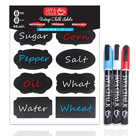 Mason Jar Labels | 64 Black Chalkboard Stickers   3 Chalk Markers Set by Java Chalk | Blue, White, Red | Waterproof Erasable Storage Vinyl Tags