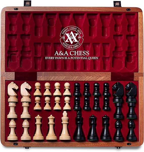 A&A 15 inch Wooden Folding Chess Set w/ 3 inch King Height Staunton Chess Pieces / 2 Extra Queens - Mahogany Box w/Mahogany & Maple Inlay
