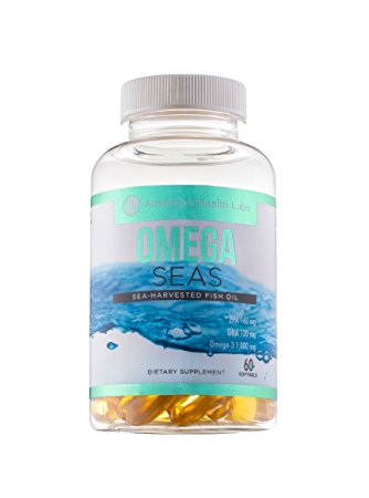 AHL Omega Seas - Omega 3 Sea Harvested Fish Oil Vitamin, Best Omega 3 Fatty Acids Dietary Supplement, Omega 3 1000mg, EPA 160mg, DHA 120mg, 60 Softgel Pills