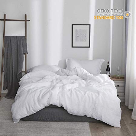 Simple&Opulence 100% Linen Stone Washed 3pcs Basic Style Solid Duvet Cover Set (Twin, White)