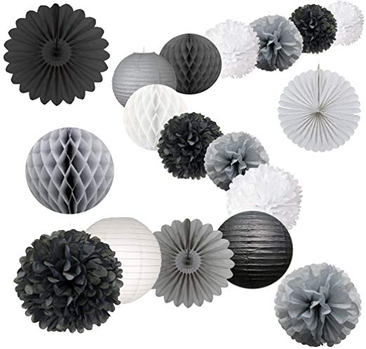 AVAbay 18 pcs Party Tissue Decoration Set for Birthday, Baby Shower,Wedding- Black Shades Décor-12, 10", 8" Paper Paper Flowers Pom Poms, Lanterns, Honeycombs, Fans-Black,Grey and White
