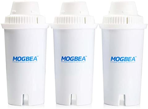 Mogbea (TM) Pitcher Replacement Filters for "BRITA" or similar structure pitchers, 3-Pack Individually sealed / 120 GAL. Capacity of filter exchange / Filter impurities found in tap water
