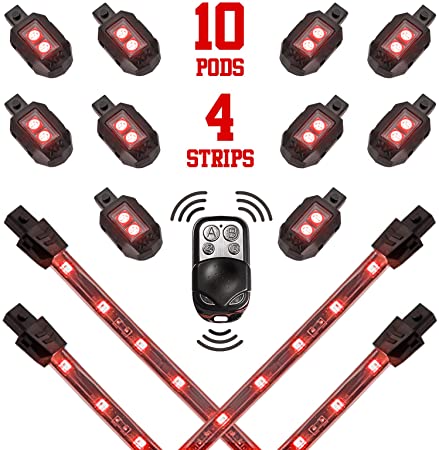 2nd Gen RED 10 Compact Pod   4 Flex Strips Motorcycle Engine & Ground Neon Accent Light Kit with 4-key Remote