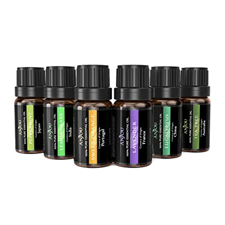 Essential Oils, Anjou 6x10ml Pure Essential Oil Set Aromatherapy Oils Mother's Gift for Diffuser, Humidifier, Massage, Aromatherapy, Skin & Hair Care (Incl.Peppermint, Tea Tree, Eucalyptus, Lavender)