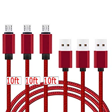 Micro USB Cable,[10ft3Pack]by Ailun,High Speed 2.0 USB A Male to Micro USB Sync & Charging Nylon Braided Cable for Smartphone Tablets Wall and Car Charger Connection [Red]