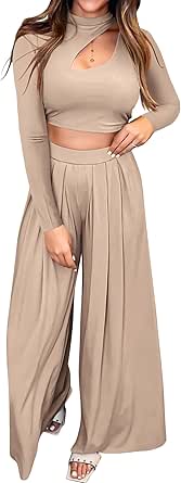 BTFBM Women's 2 Piece Tracksuit Outfits Cutout Long Sleeve Crop Top Wide Leg Pant Ribbed Knit Sweatsuits Yoga Lounge Set