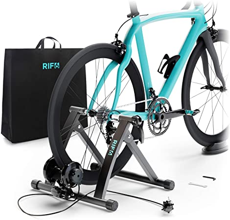 RIF6 Magnetic Bike Trainer Stand - Foldable Stainless Steel Indoor Trainer with 6 Resistance Levels - Portable Low Noise Stationary Bicycle Stand - Fits 26 to 29 inches Road and Mountain Bike Wheels