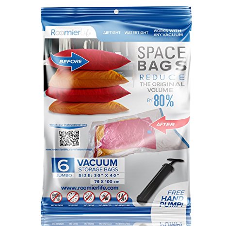 Premium Jumbo Space Saver Bags 40”x30” 6-Pack Ziplock Vacuum Storage Bags by RoomierLife