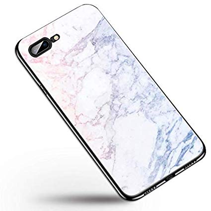 iPhone 8 Plus Case, iPhone 7 Plus Case, KasePlus Tempered Glass Casing for iPhone 7 Plus 8 Plus, Marble Cover TPU Edge & Glass Back Case (White Marble)