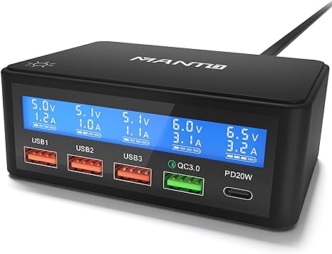 MANTO 65W USB C Charger with LCD Display, 5 Port PD Fast Charger with Quick Charger 20W USB-C Power Adapter and QC 3.0 Port, Multiple Charging Station Compatible with iPhone, iPad, Samsung, Xiaomi